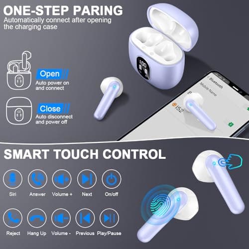 Wireless Earbuds, Bluetooth 5.4 Headphones 50H Playback Bass Stereo Ear Buds with 4 ENC Cancelling Mics, Bluetooth Earbuds Dual LED Display IP7 Waterproof in-Ear Earphones USB-C for Android iOS Purple 5