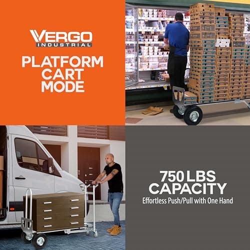 Vergo Industrial Convertible Hand Truck - AS7A2 Heavy Duty Aluminum 3 in 1 Dolly (750 lb Capacity) Lightweight Frame, Ergonomic Handle, Extendable Loop, Versatile Moving Dolly (3 Positions, 53" High) 7