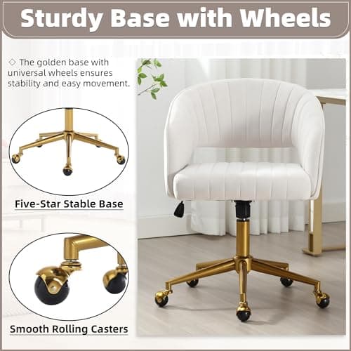 ABET Desk Chair with Wheels, Velvet Home Office Chair, Swivel Armchair Gold Base, Upholstered Modern Accent Chairs, Back Incline Adjustable for Living Room Bedroom Vanity, Off-White Cream 7