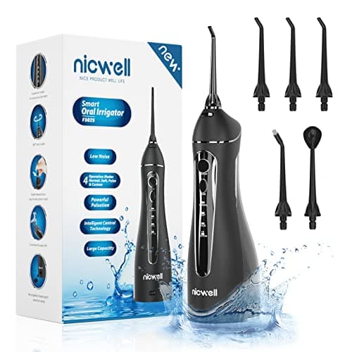 Nicwell Water Dental Flosser Pick for Teeth: 4 Modes 300ml Cordless Portable Rechargeable Oral Irrigator IPX7 Waterproof Cleaner Pik Deep Cleaning Flossing Pic Machine for Home Travel