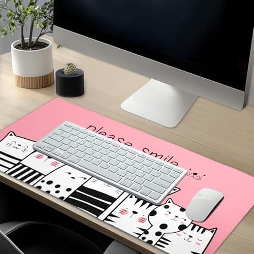 Please Smile Pink Cat Gaming Mouse Pad 31.5×11.8 Inch with Stitched Edges Extended Waterproof Desk Pads Non-Slip Rubber Base Large Keyboard Mat Computer Gaming Mousepad for Work/Office/Home 6