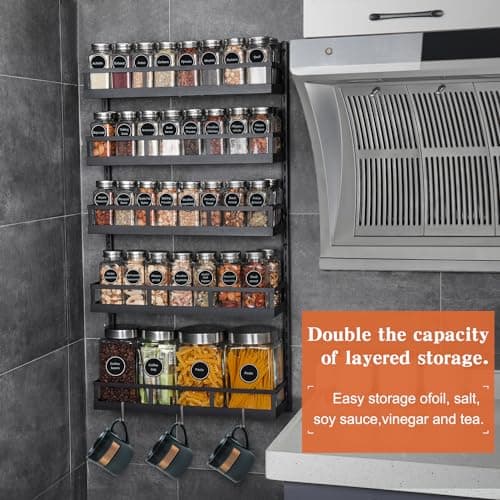 X-cosrack Wall Mount Spice Rack Organizer 5 Tier Height-Adjustable Hanging Spice Shelf Storage for Kitchen Pantry Cabinet, Dual-Use Seasoning Holder Rack with Hooks, Black-Patented 5