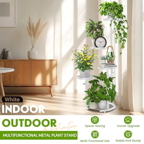 TOSKING 5-Tier Metal Plant Stand, Anti-Tip Round Base for Pots, Child & Pet Friendly, Space Saving Corner Shelf Flower Pot for Indoor Outdoor Use, Living Room Balcony Patio Garden (White, 38in) 9