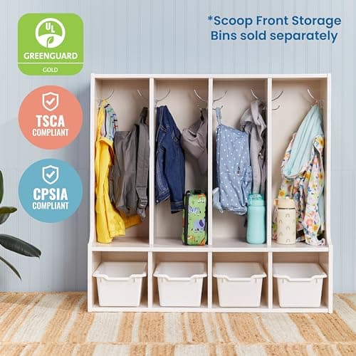 ECR4Kids Streamline 4-Section Toddler Coat Locker with Bench, Classroom Furniture, White Wash 5