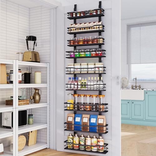 Eastherry Over The Door Pantry Organizer,9-Tier Over The Door Organizer with Adjustable Basket,Metal Hanging Pantry Organizers and Storage for Kitchen, Back of Door Seasoning Rack (Black)
