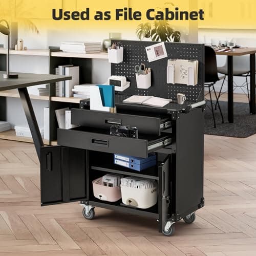 JFHID 52'' Work Bench for Garage with Pegboard Drawers and Cabinets Heavy Duty Metal Frame Tool Bench for Shop Kitchen Cabinets Organizer Work Table with Wheels (Black) 9