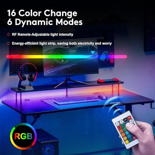 GTPLAYER 55 Inch Gaming Desk with LED Lights, Computer Gamer Desk with Monitor Stand, Ergonomic Carbon Fiber Surface Gaming Table with Mouse Pad for Home Office, RGB 6