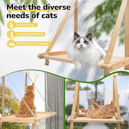 CATISM Cat Window Perch - Foldable Cat Hammock for Window, Soft Seat Machine Washable, Solid Wood Frame, 4 Suction Cups, Cats Window Hammock Load Weight Up to 40lbs 6