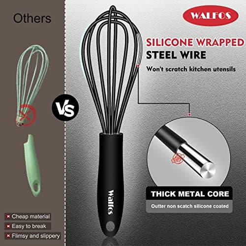 Walfos Whisk 5+7in/12cm+17cm Mini Whisk,Silicone Whisks Non Scratch Heat Resistant (480°F). Nice for stirring individual eggs and mixing small amounts of powder and sauce.Dishwasher Safe.Black 9