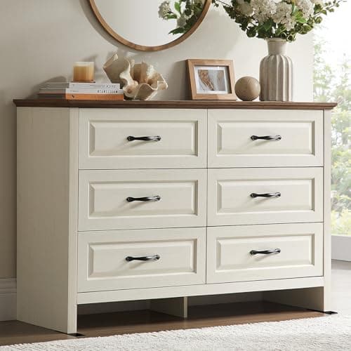 Amada Farmhouse 6 Drawer Dresser for Bedroom, 47.2 Inch Wide Wood Dresser with Natural Texture, Large Drawers, Rustic Farmhouse Chest of Drawers for Bedroom, Living Room, Hallway, Brown & White