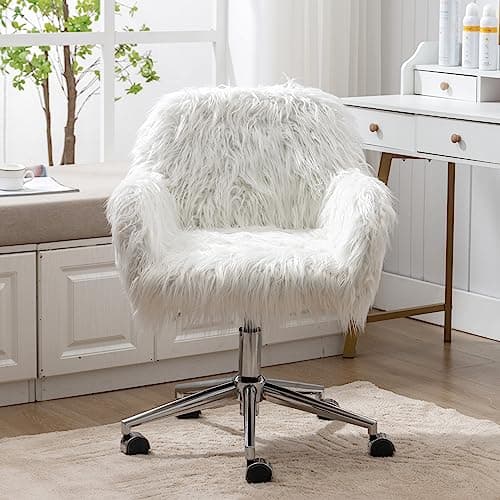 Goujxcy Cute White Fluffy Desk Chair for Girls Women, Comfy Modern Faux Fur Home Office Chair with Wheels, Elegant Swivel Fuzzy Vanity Chair Makeup Arm Chair for Living Room, Bedroom