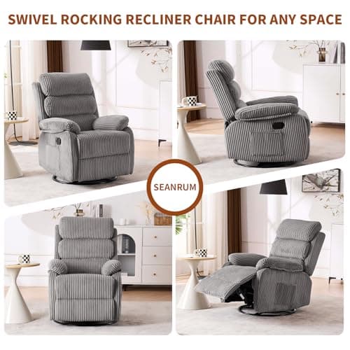 Seanrum Plush Premium Velvet 360° Swivel Rocker Recliner Chair - High Back Glider with Generous Footrest, Supportive Armrests & Side Pocket for Nursery, Living Room & Small Spaces Grey 7