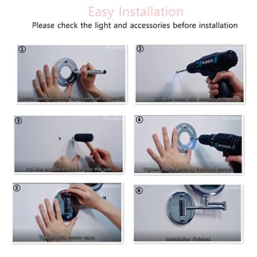 Rocollos Rechargeable Wall Mounted Lighted Makeup Mirror Chrome, 8 Inch Double-Sided LED Vanity Mirror 1X/10X Magnification,3 Color Lights Touch Screen Dimmable 360°Swivel 13 Inch Extendable 7