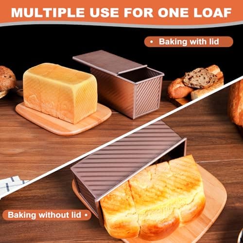 Pavsrmy 2 Pack Pullman Loaf Pan with Lid, 1 lb/0.5 lb Dough Capacity, Premium Non-Stick Sandwich Bread Loaf Pan with Lid, Carbon Steel Corrugated Bread Toast Box Mold with Cover for Baking 5