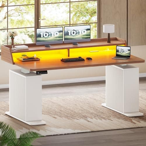 SEDETA Standing Desk with Storage, 55" Fluted Stand Up Desk with Power Outlets & LED Lights, Height Adjustable Table with Monitor Shelf for Home Office, Gaming, Brown + White