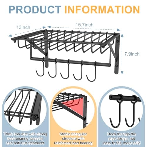 Hongtamoy 2 Packs Wall Mounted Pot Lid Rack Organizer, Hanging Pot and Pan Lid Organizer for Kitchen with 10 Upgrade Hooks, Pot Lid Holder for Cookware,Pans,Utensils Organization, Black 6