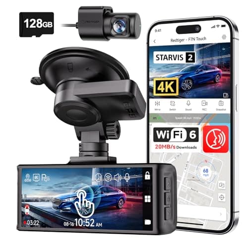 REDTIGER 4K STARVIS 2 Dash Cam Front and Rear, 5GHz WiFi 20MB/s Download, 128GB Card Included, Voice Control, Dash Camera for Cars with 3.18" Touch Screen, GPS, Loop Recording, Parking Mode(F7N Touch)