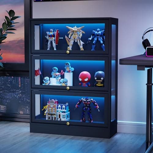 BONITURE Display Cabinet with Acrylic Glass Doors,3-Tiers Curio Cabinet with LED Lighting for Collectibles, Collectibles Toy Organizers Rack & Display Shelf Display Case Storage Cabinet, Black