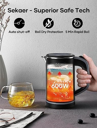 Sekaer Small Electric Tea Kettle Stainless Steel 0.8L Portable Travel Hot Water Boiler, Mini Electric Coffee Kettle with Auto Shut-Off & Boil Dry Protection, Cordless Base & LED Indicator 7