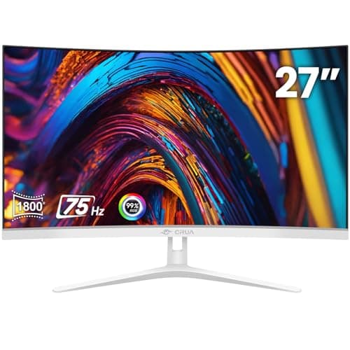 CRUA 27" White Monitor, Full HD(1920x1080P) VA Panel 1800R 75HZ 99% sRGB Curved Computer Monitors, 3Sides Frameless, Flicker-Less,Blue Light Filter, Wall Mountable/Tilt Adjustable for Office & Gaming