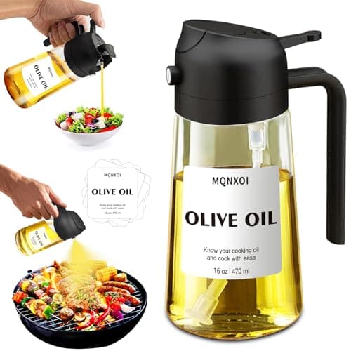 2 in 1 Glass Oil Sprayer & Dispenser,16oz/470ml Olive Cooking, Air Fryer, and Salad, for Kitchen Gadgets and Air Fryer Accessories, w/Stickers (Black)