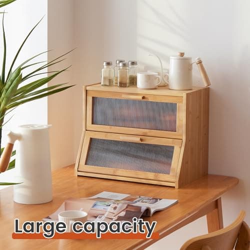 GHWIE Double Layer Bamboo Bread Box for Kitchen Counter,Large Capacity Bread Storage Bin,Bread Container with Acrylic Wavy Door Panel (Natural, Medium) 8