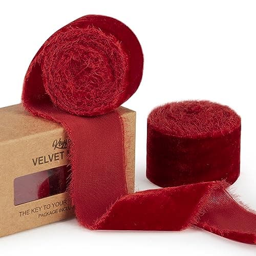 Keypan Red Velvet Ribbon for Christmas Tree - 1 1/2 inch Wide Handmade Fringe Fabric Ribbons for Gift Wrapping, Baby Shower, Flower Bouquet