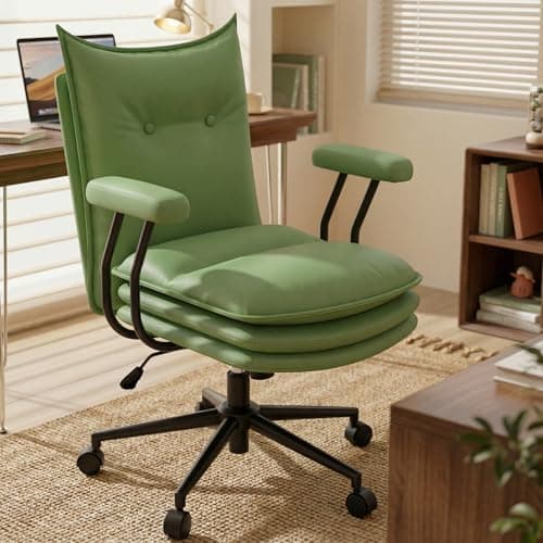 Sucrever Sage Green Office Chair with Triple-Layers Thicken Wide Seat, Mid Back Leather Desk Chair with Wheels and Arms, Mid-Century Modern Computer Chair for Home Office