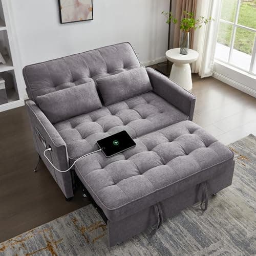 tiramisubest Convertible Sofa Bed, 3 in 1 Pull Out Couch, Loveseat Sleeper with Side Pocket, Living Room Sofa with Adjustable Backrest | USB Charging Port | Two Pillows | Fabric | Dark Gray