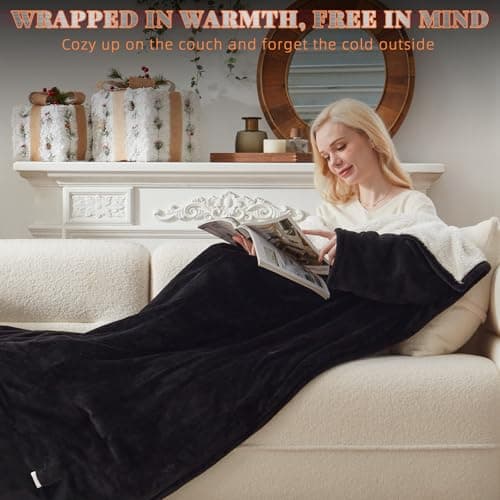 Richtry Electric Blanket Wearable with Foot Pockets & Sleeves, Electric Heated Snuggle Blanket, Flannel & Sherpa Heating Throw with 10 Heat Settings, 1-12 Hours Auto Shut-Off, 50"×70", Black 7