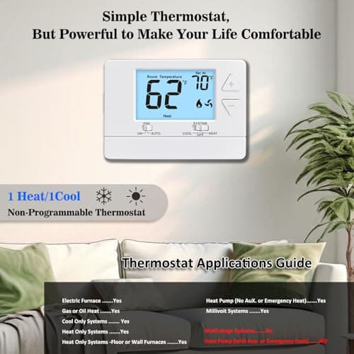 NonProgrammable Thermostat for Home, Digital Energy-Saving Thermostat,Single-Stage Systems, 1 Heat/1 Cool, Easy DIY Install,White Backlight 7