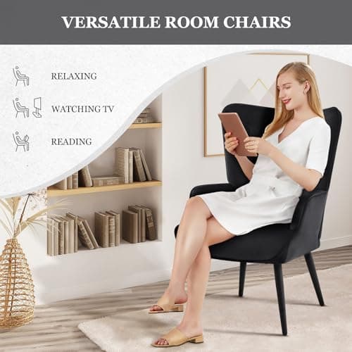 Furnimart Black Velvet Accent Chair Mid Century Modern Living Room Chairs; Comfy Armchair Leisure Vanity Guest Wingback Chair for Office Study Vanity Bedroom Waiting Room 10