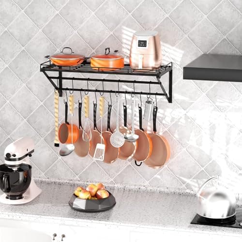 OROPY 31 Inch Wall Mounted Pot Rack Storage Shelf with 2 Tier Hanging Rails 14 S Hooks included, Ideal for Pans, Utensils, Cookware - Black 6