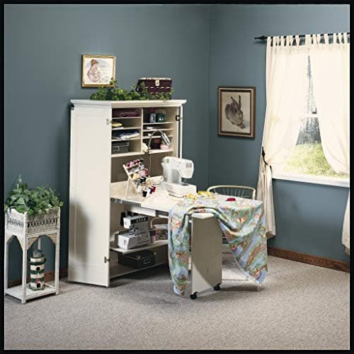 Sauder Harbor View Craft and Sewing Armoire with Table/ Pantry cabinets, Antiqued White finish 8