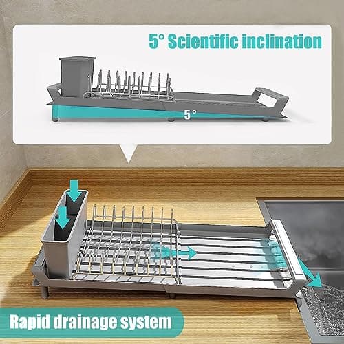 Extendable Dish Drying Rack,Space-Saving Multifunctional Compact Dish Racks for Kitchen Counter,in Sink Small Dish Drying Rack, Auto-Drain Stainless Steel Dish Strainers with Utensil Caddy (Gray) 4