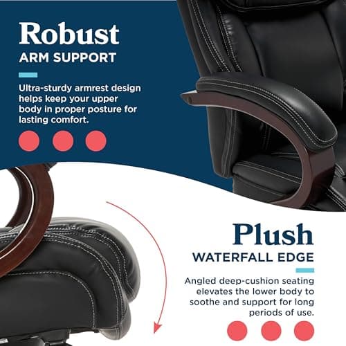 La-Z-Boy® Bellamy Executive Office Chair with Memory Foam Cushions, Real Wood Arms and Swivel Base, Waterfall Seat Edge, Faux Bonded Leather, Black 9