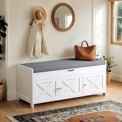 Pipishell 2-Tier Shoe Storage Bench, Entryway Bench with 3 Barn Doors, Cushion Seat, Hidden Storage, Adjustable Shelf, 200 lbs Capacity, for Entryway, Living Room, Bedroom, White (39.4″Wx15″Dx18.1″H) 8