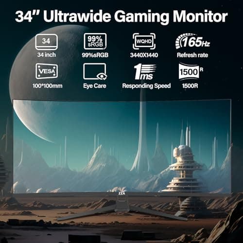 ZZA 34" Ultrawide Curved Gaming Monitor, 1500R PC Screen 165hz WQHD 3440x1440, Curved Computer Monitors with FreeSync,HDR10, 1ms,Eye Care, Borderless Design,Support Wallmount 75x75mm 2