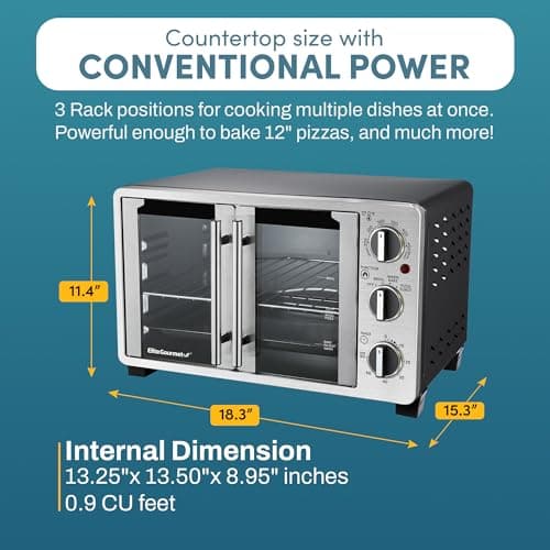 Elite Gourmet ETO2530M Double French Door Countertop Toaster Oven, Bake, Broil, Toast, Keep Warm, Fits 12" pizza, 25L capacity, Stainless Steel & Black 5