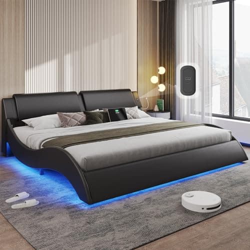 DICTAC California King Bed Frame with Led Lights and USB & Type-c Ports Modern Cali King Bed Frame with Headboard Faux Leather Wave Like Curve Low Profile Platform Bed Frame,No Box Spring Needed,Black