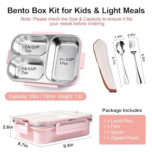 VACAID 25oz Stainless Steel Lunch Kit (Bento Box + Fork/Spoon) - 3 Leakproof Compartments - Food-Grade 18/8 Steel for Kids & Adults - School/Office/Travel Ready - Dishwasher Safe (Pink) 3