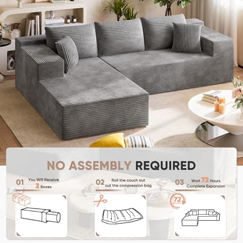 Homall 108" Modular Sectional Sofa, Boneless Couch with L-Shape Chaise, Cloud Couch with Deep Seat Upholstered, No Assembly Required for Living Room, Bedroom (Corduroy, Grey) 6