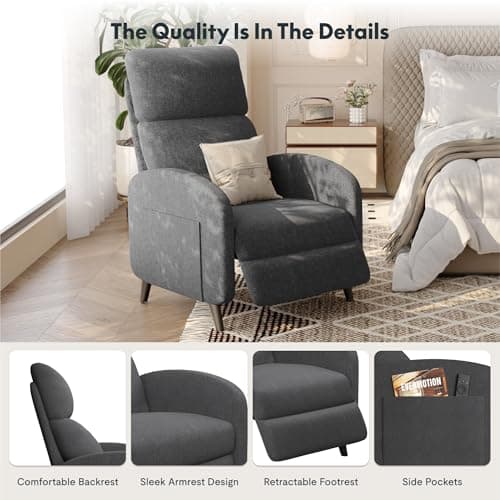 FLEXISPOT XC2 Recliner Chair for Adults, Fabric Small Reclining Chair Home Theater Seating with Side Pockets, Adjustable Modern Single Sofa Armchair, Extended Footrest for Living Room(Brown) (Grey) 5