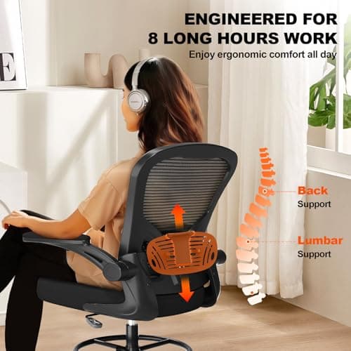 Ergonomic Drafting Chair, Tall Office Chair with Flip-up Armrests, Breathable Mesh High Desk Chair with Lumbar Support Adjustable Footrest Ring for Standing Desk Black 8