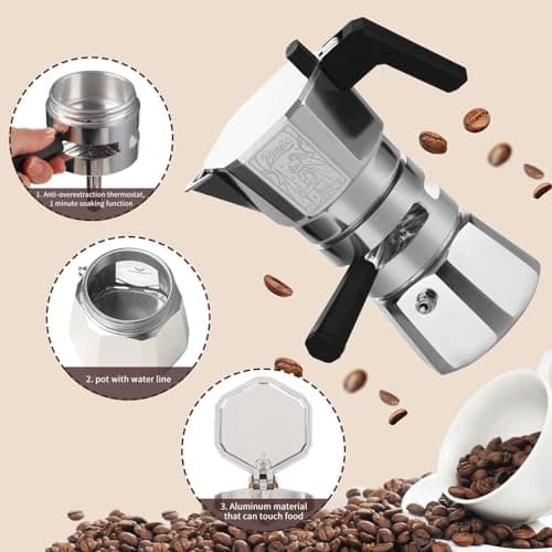 Bincoo 120ML/2 Cup Stovetop Espresso Maker Double Valve Moka Pot with Thermostat Extractor,Italian Espresso Moka Pot with Powder Dispenser and Filter Paper for Home,Silver 2