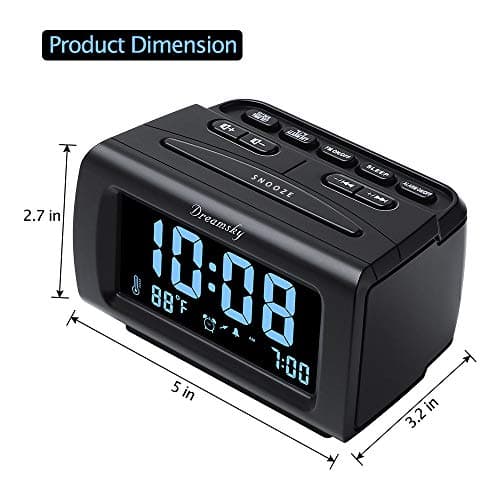 DreamSky Alarm Clock Radios for Bedrooms with Battery Backup, Large Big Numbers with Dimmer Wheel, USB Port, Bedside Digital FM Radio with Sleep Timer, Temperature, Adjustable Volume, Snooze 6