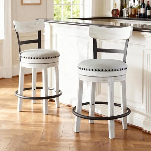 Signature Design by Ashley Valebeck Barstool, Rustic-Industrial Counter Height Chair, 360° Swivel, Wood & Metal Frame, Cushioned Seat, Ideal for Kitchen Island with Seating, Vintage White 2
