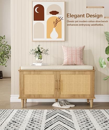 Akxomel Rattan Shoe Storage Bench with Cushion, 2-Tier Entryway Bench with Adjustable Shelves and 2 Doors, 15" D x 39.4" W x 20" H, Solid Wood Legs, for Hallway, Living Room, Bedroom, Natural Oak 9