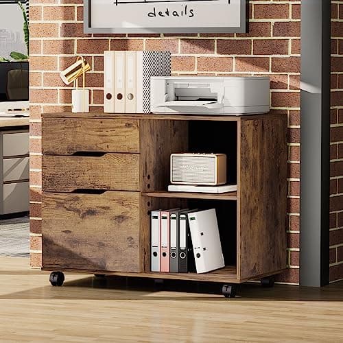 Sweetcrispy 3-Drawer File Cabinet, Lateral Mobile Filing Cabinet Wood Storage Organizer with Wheels, Printer Stand & Open Shelves for Home Office Under Desk Organization - Brown 7