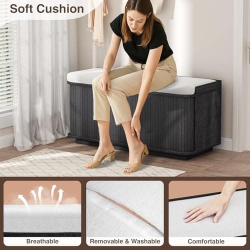 AKMAKM 39.4" Shoe Storage Bench Dark Grey | Entryway Storage Bench with Sliding Doors, Padded Cushion & 5 Metal Wall Hooks for Hallway, Living Room 5